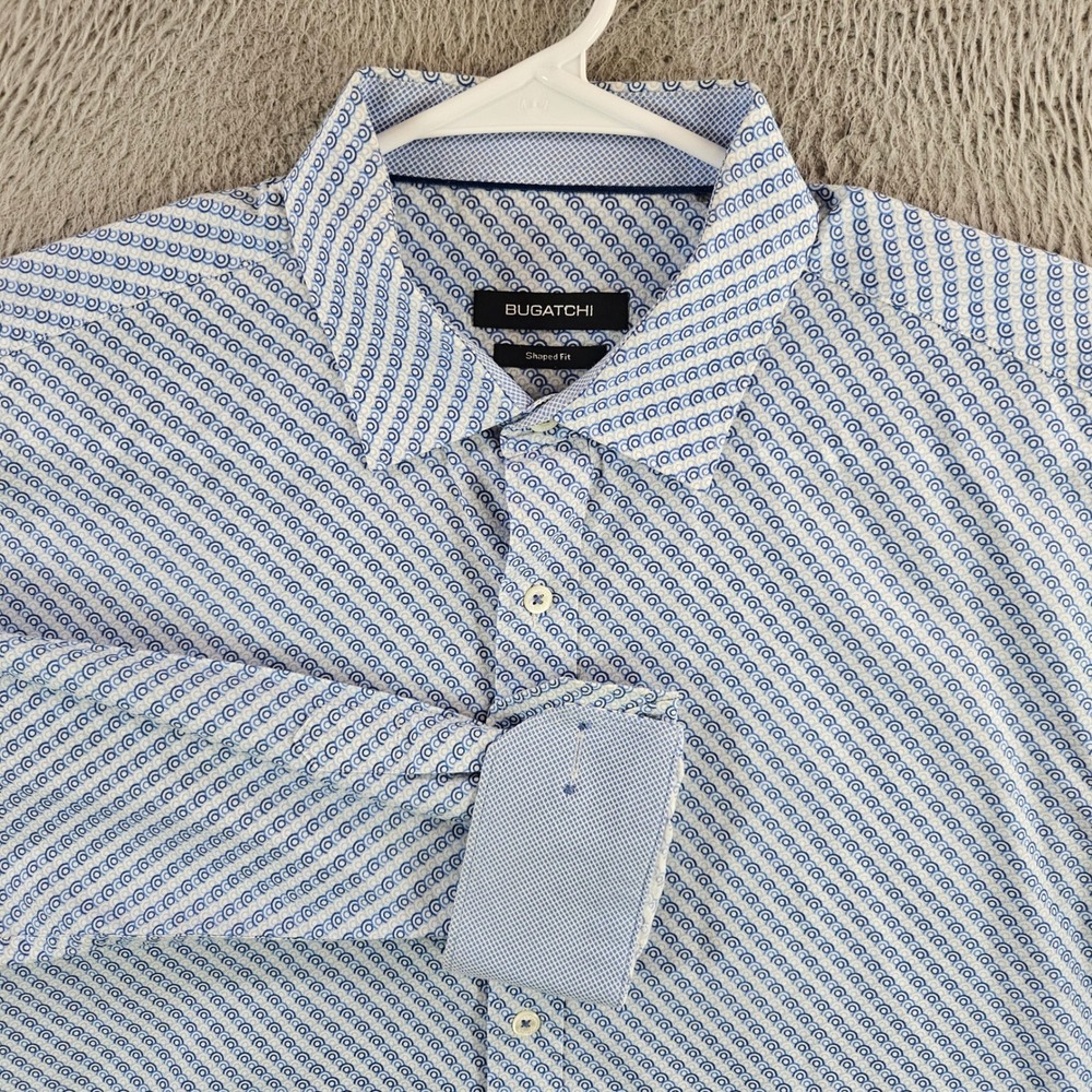 Bugatchi Mens Blue White Geometric Print Button Down Shirt Shaped‎ Fit Cotton L